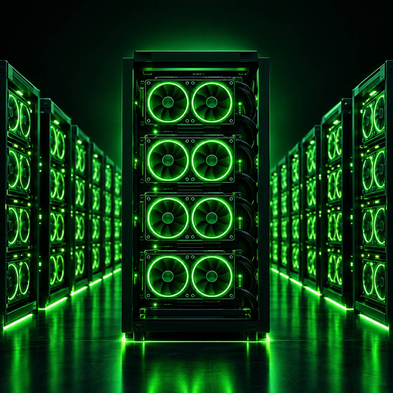 Rows of mining rigs with glowing fans in a dark data center