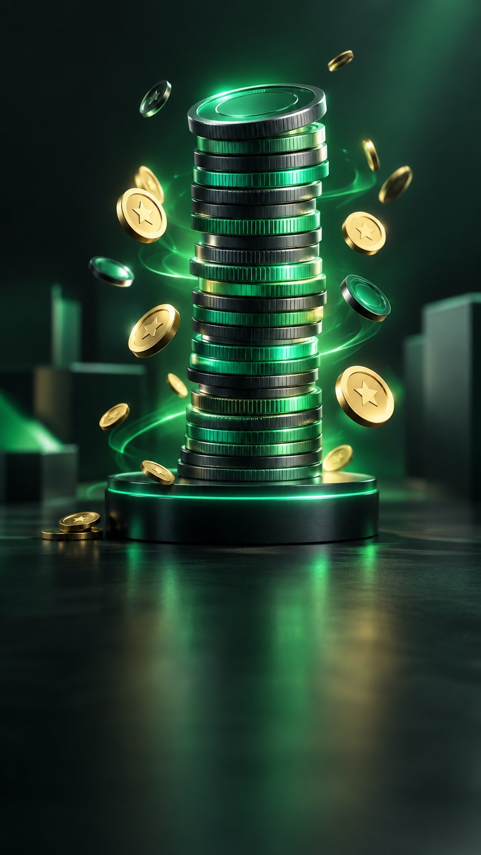 Coins stacked into a glowing tower that emits small reward coins